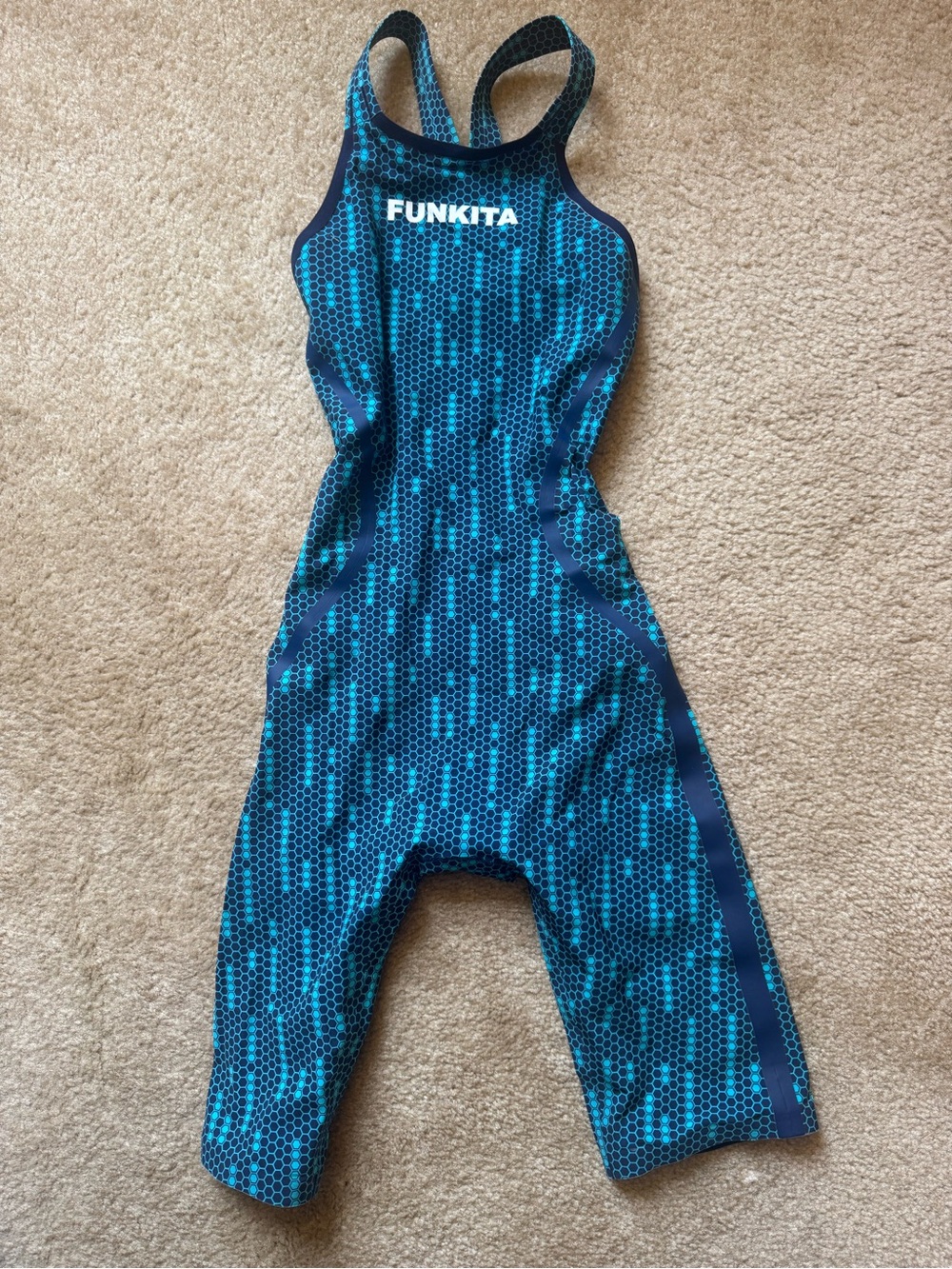 Funkita FINA Approved Tech Suit Kneeskin Blue Hexagon Open Back Size 22